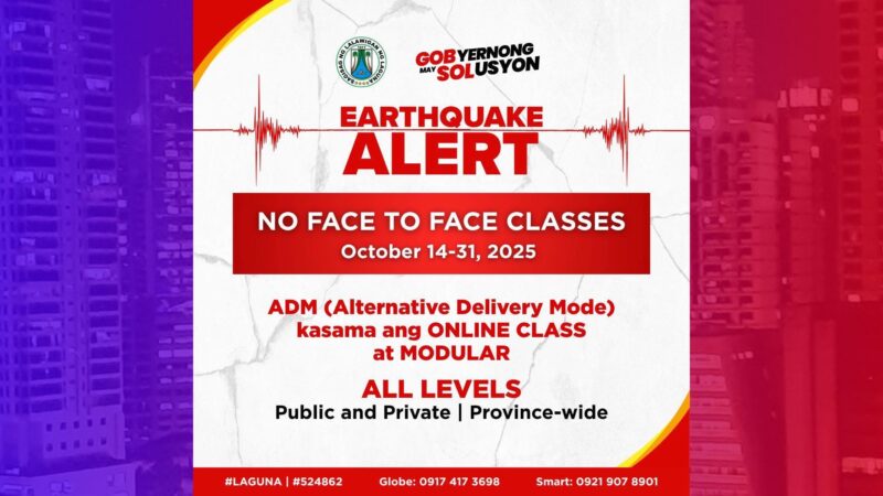 F2F classes suspendido sa buong Laguna hanggang sa Oct. 31