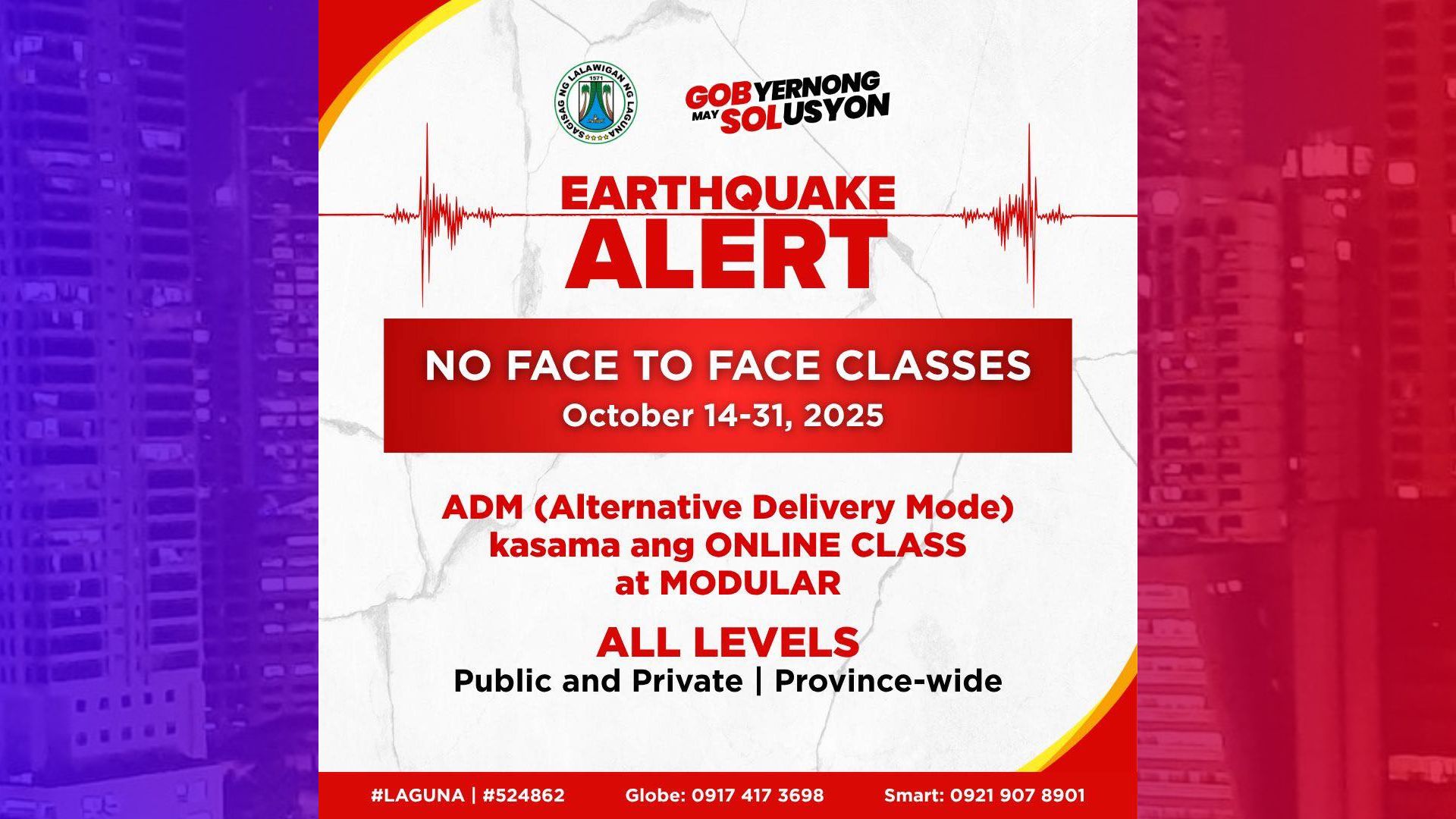 F2F classes suspendido sa buong Laguna hanggang sa Oct. 31