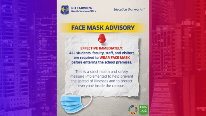 Pagsusuot ng face mask ipatutupad sa loob ng NU Fairvew; F2F classes suspendido muna