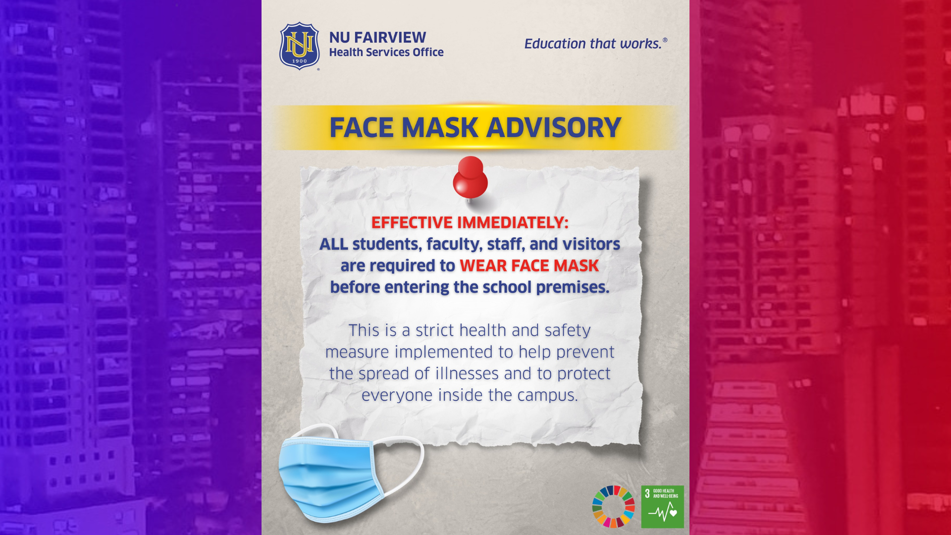 Pagsusuot ng face mask ipatutupad sa loob ng NU Fairvew; F2F classes suspendido muna