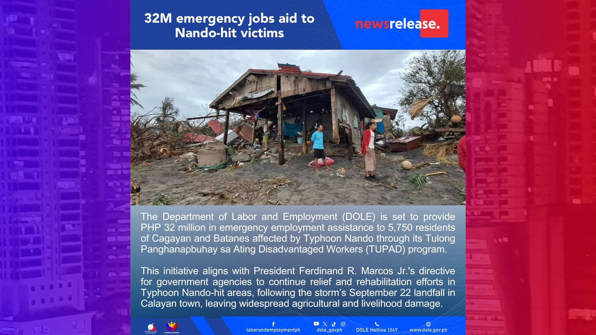 DOLE inihahanda na ang pagbibigay ng emergency jobs sa halos 6K naapektuhan ng Typhoon Nando