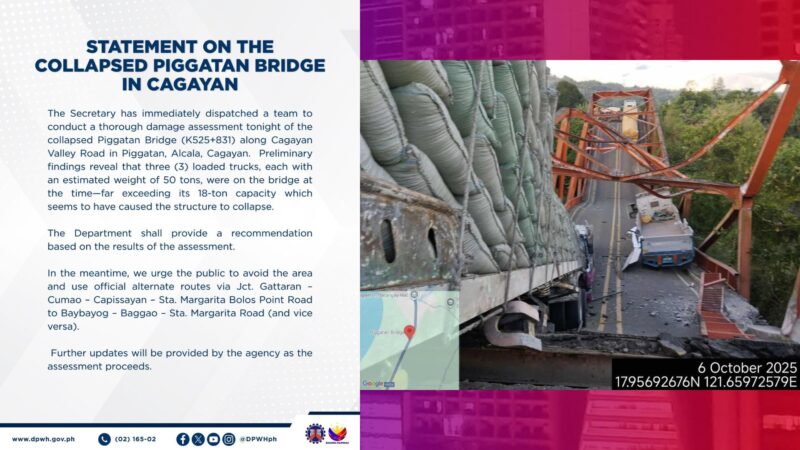 Bigat ng mga truck na sabay-sabay dumaan sa gumuhong Piggatan Bridge, sobra-sobra sa kapasidad nito