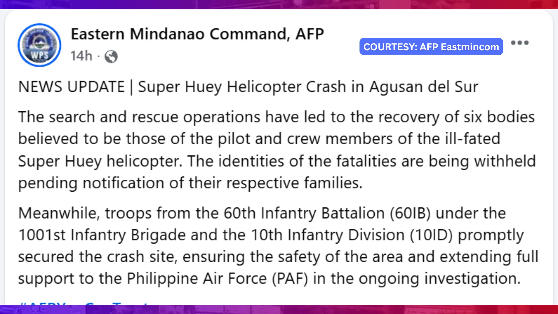 6 na tauhan ng PH Air Force patay sa pagbagsak ng sinasakyang chopper sa Agusan