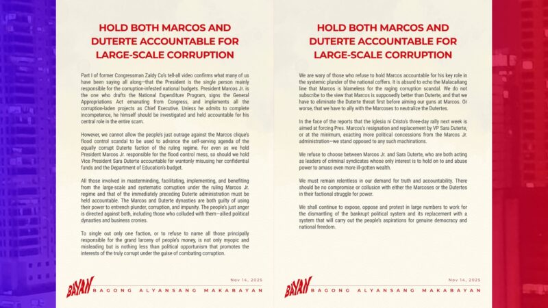 Pang. Marcos, VP Sara parehong dapat managot sa korapsyon