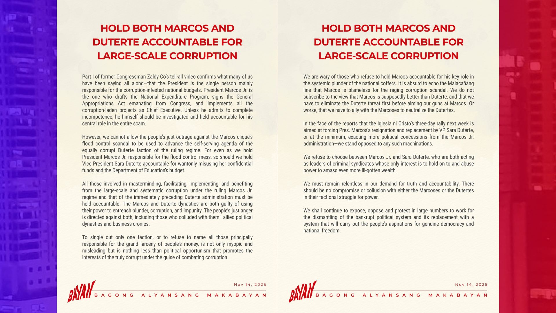 Pang. Marcos, VP Sara parehong dapat managot sa korapsyon