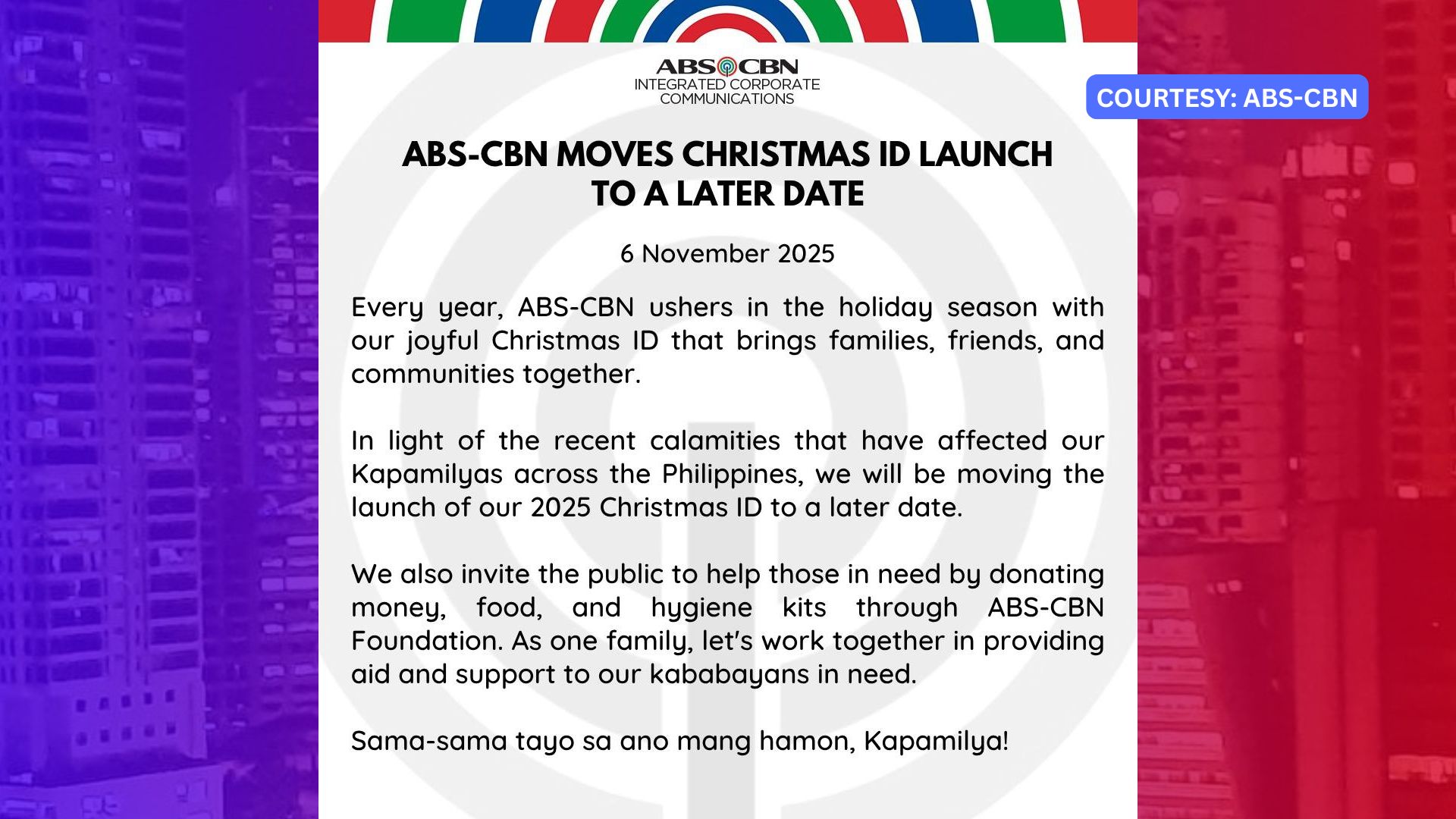 ABS-CBN ipinagpaliban ang launching ng 2025 Christmas ID