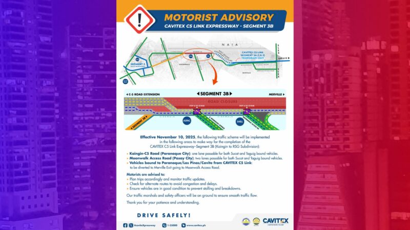 Cavitex Infrastructure Corporation nag-anunsyo ng bagong traffic scheme para sa CAVITEX C5 Link Segment 3B Construction