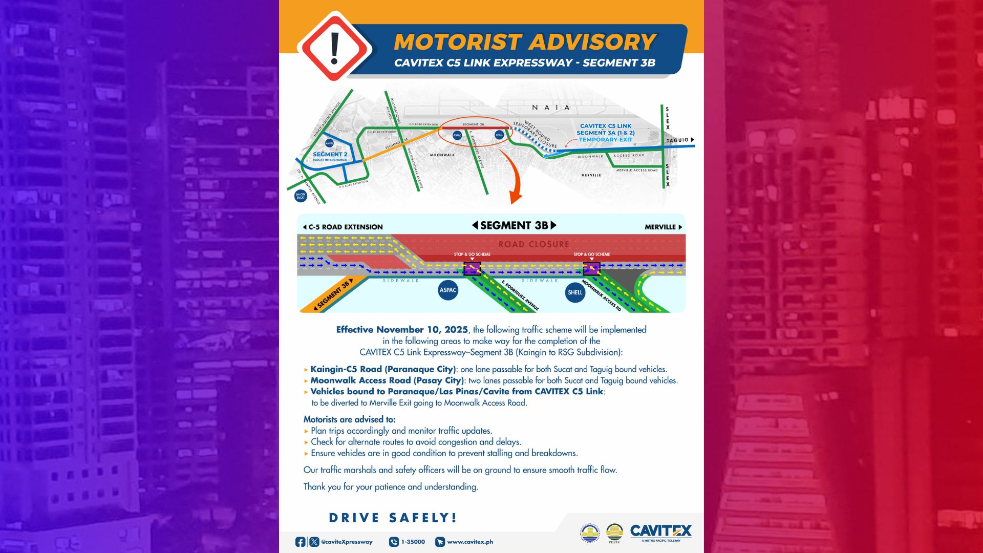 Cavitex Infrastructure Corporation nag-anunsyo ng bagong traffic scheme para sa CAVITEX C5 Link Segment 3B Construction