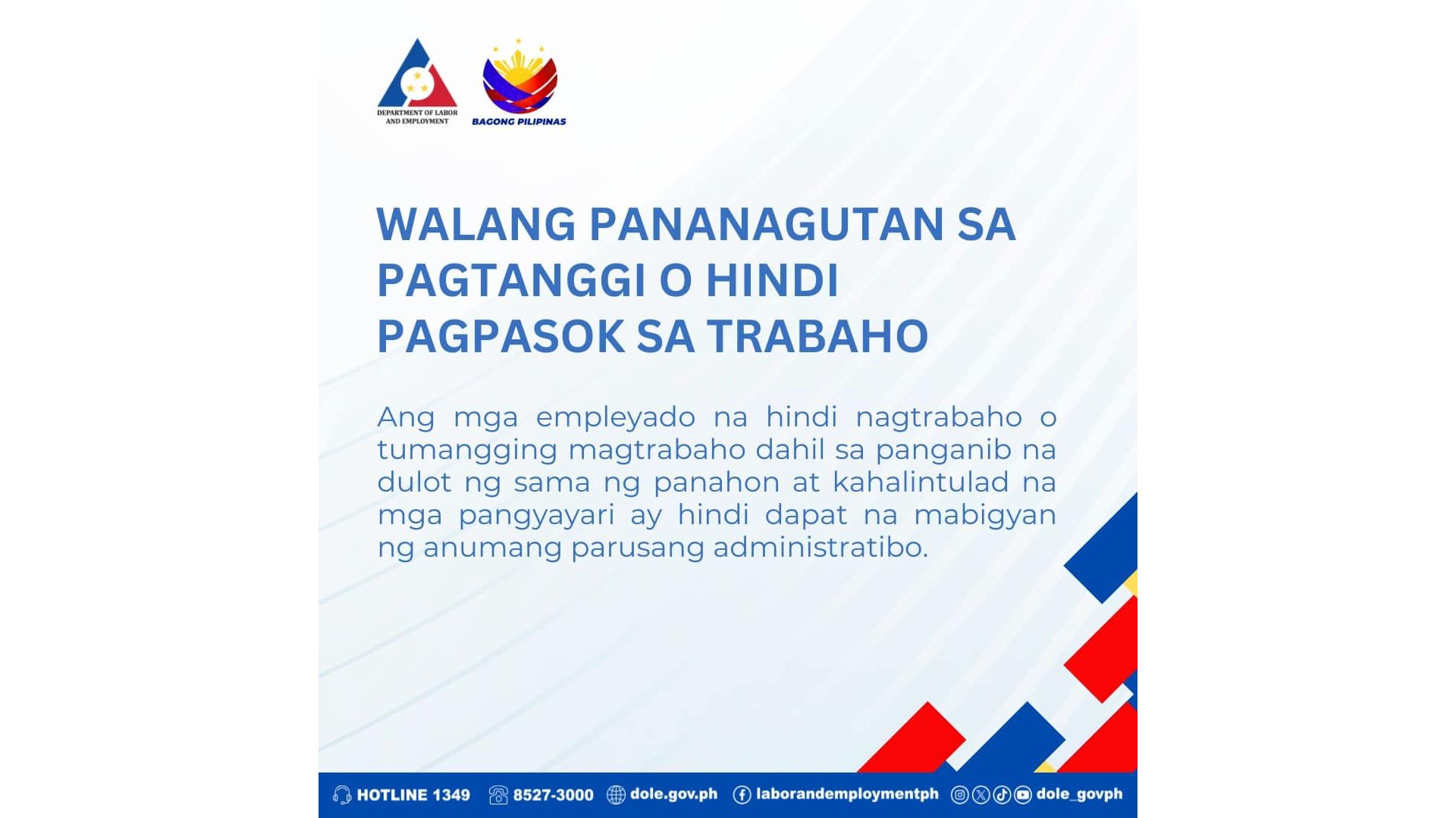 Mga empleyadong hindi papasok sa trabaho dahil sa epekto ng kalamidad hindi pwedeng parusahan