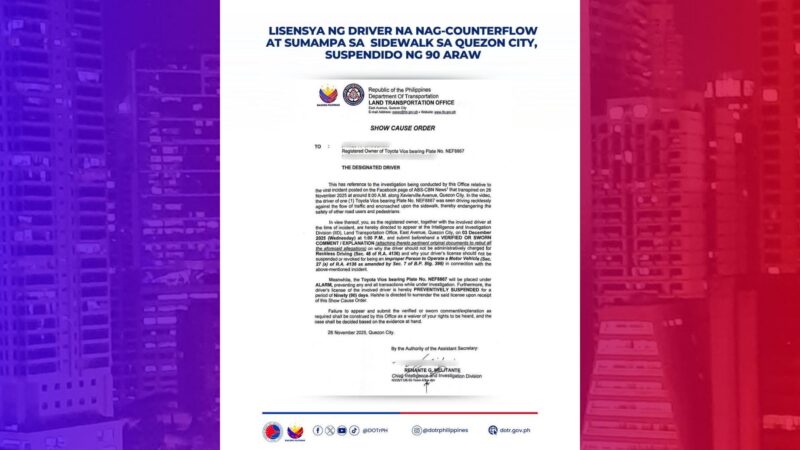 Lisensya ng driver na nag-counterflow sa QC suspendido ng 90-araw