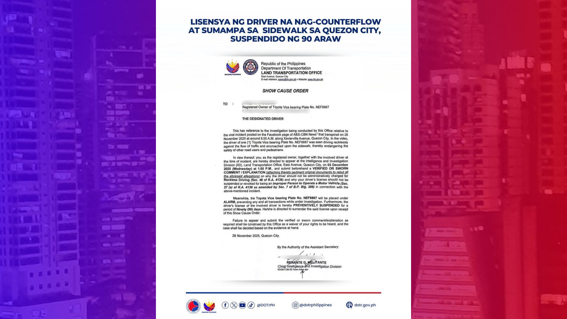 Lisensya ng driver na nag-counterflow sa QC suspendido ng 90-araw