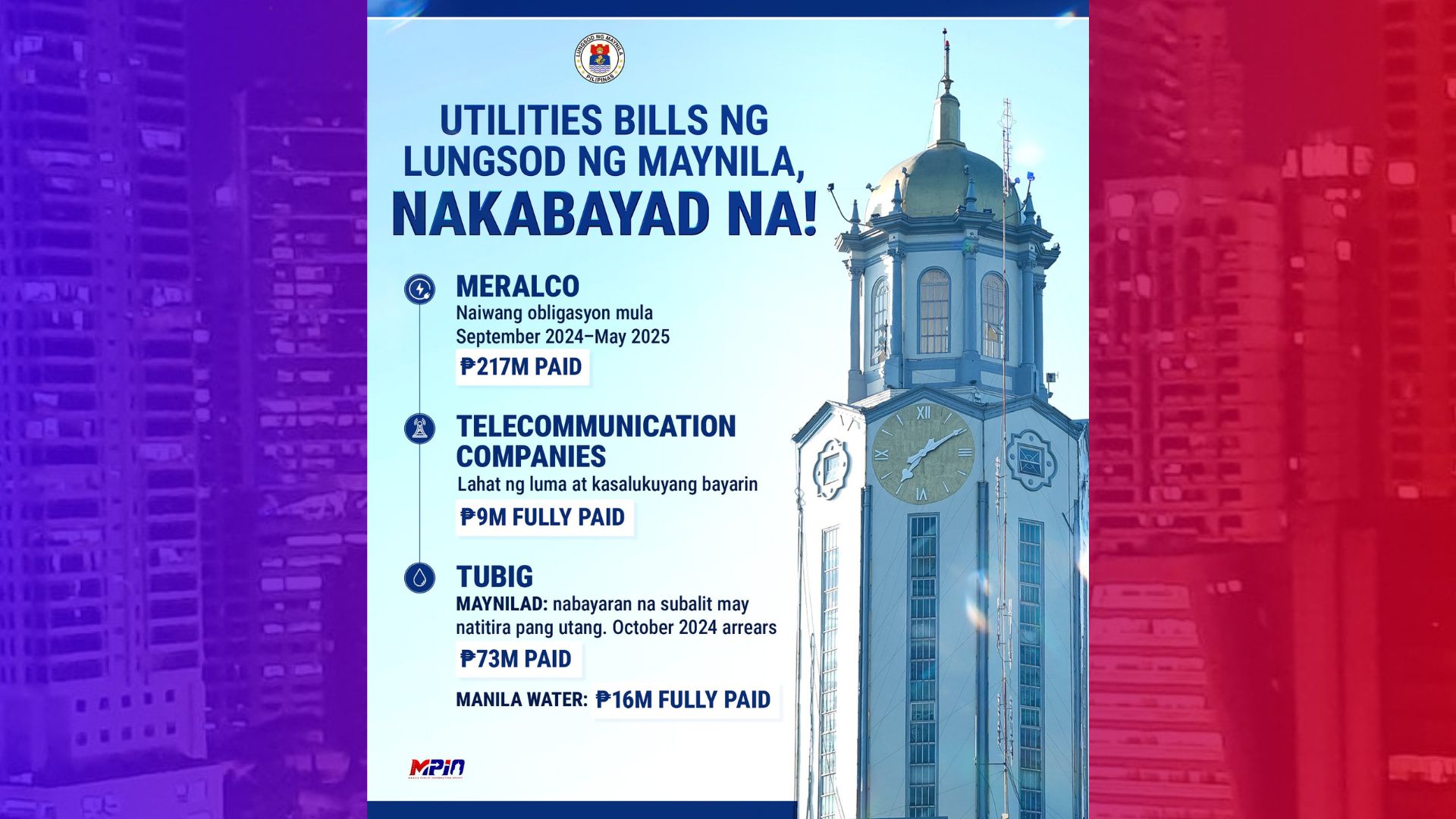 Manila City LGU nakabayad na sa utang sa utility bills