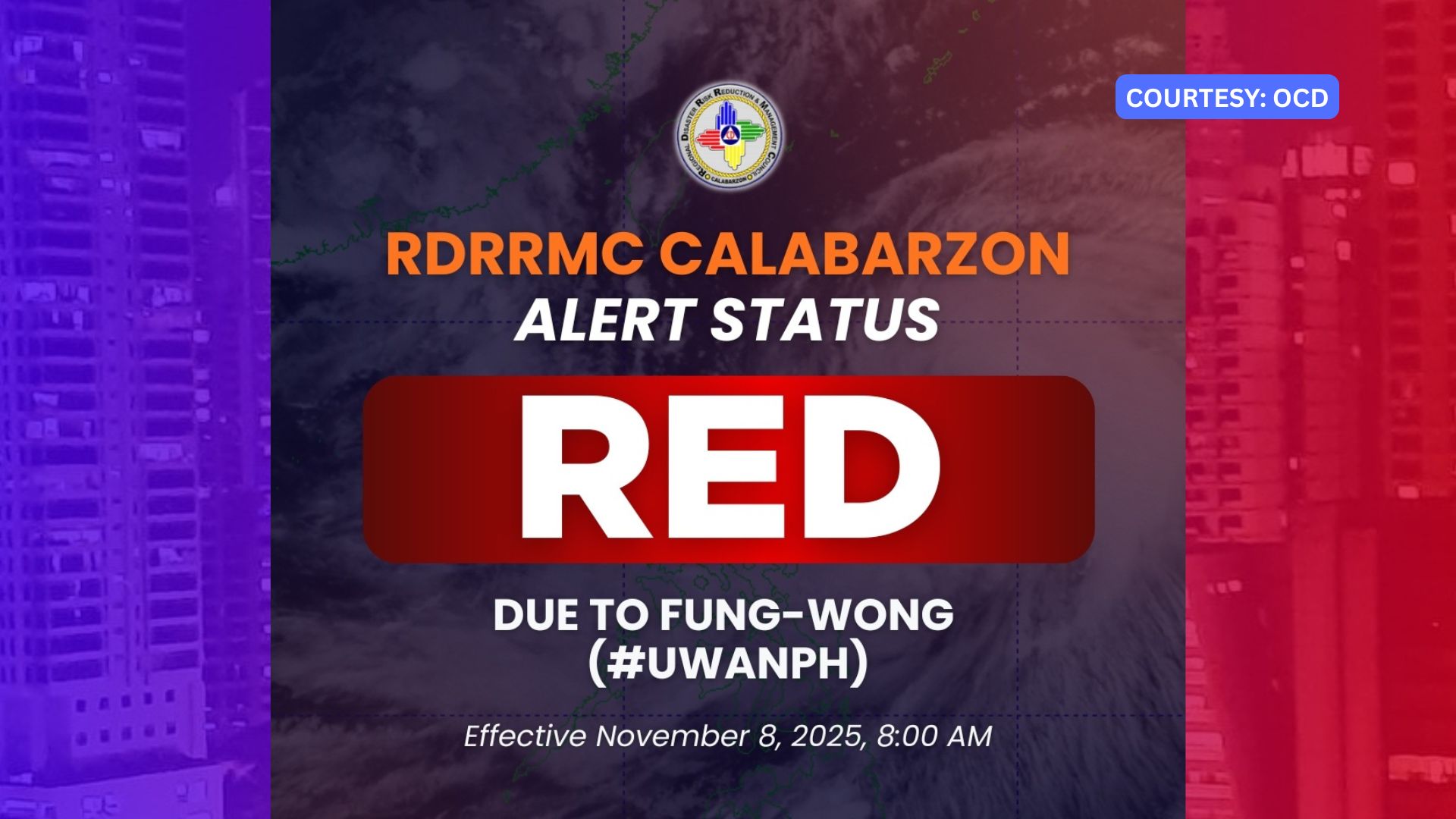 OCD-Calabarzon magtataas ng Red Alert simula sa Sabado