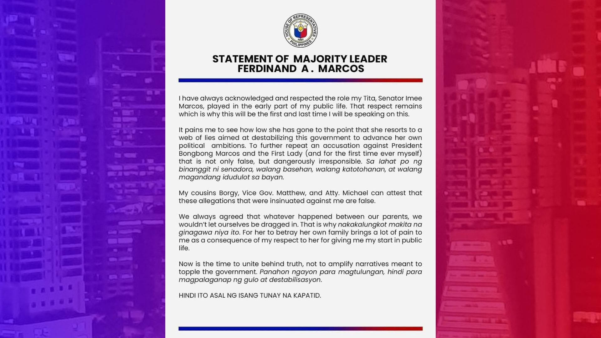 Cong. Sandro Marcos itinanggi ang mga paratang ng kaniyang tiyahin