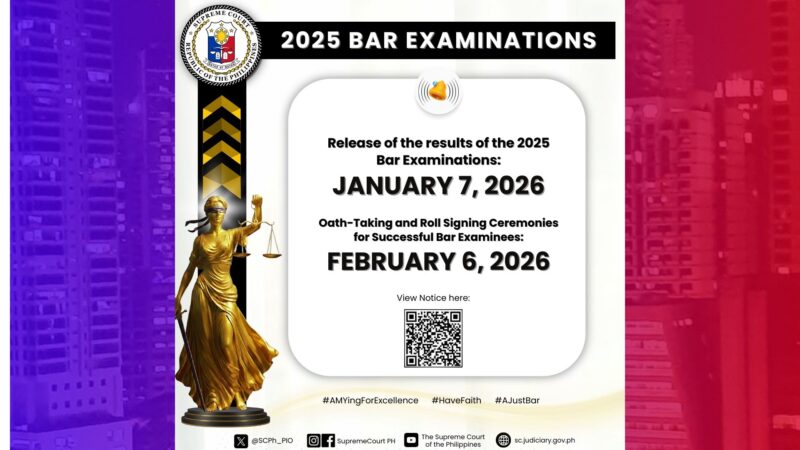 Resulta ng 2025 Bar Exams ilalabas sa Jan. 7