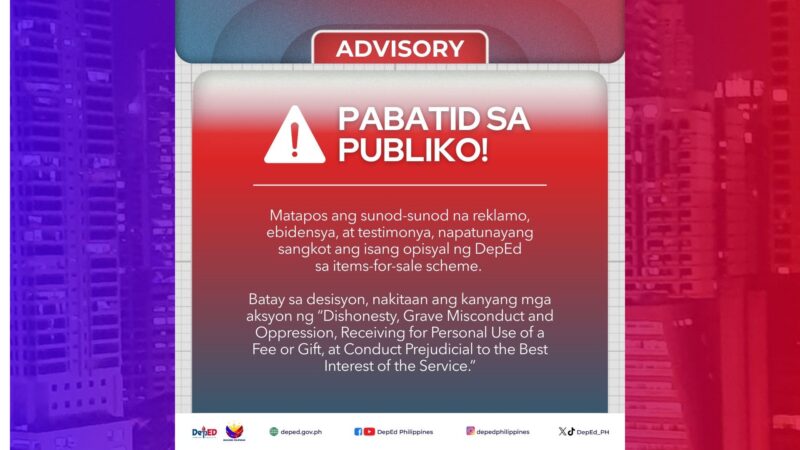 Opisyal ng DepEd sa MIMAROPA guilty sa items-for-sale