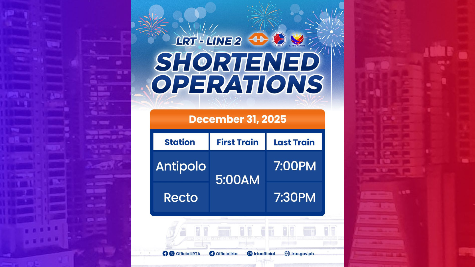 LRT-2 magpapatupad ng shortened operations sa Dec. 31