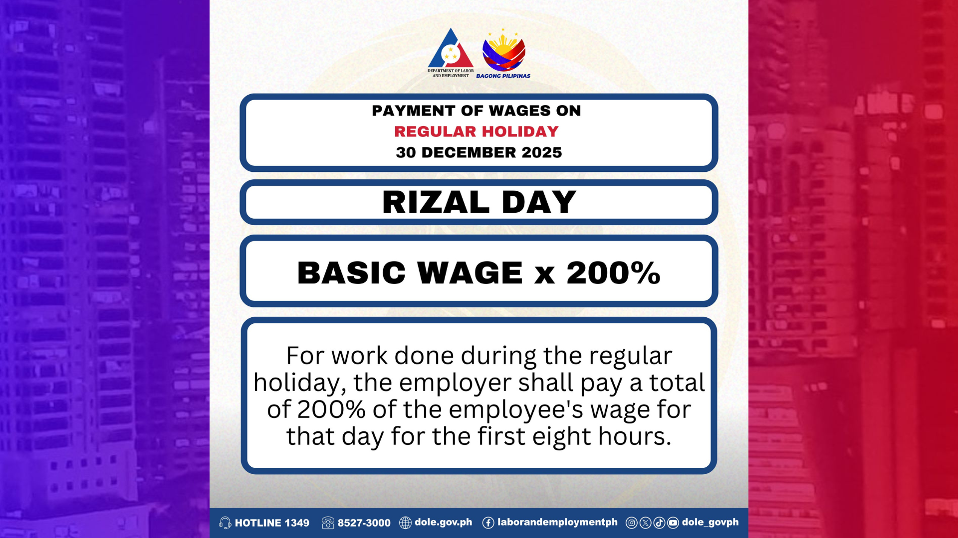 Double Pay iiral sa mga papasok sa trabaho ng Rizal Day