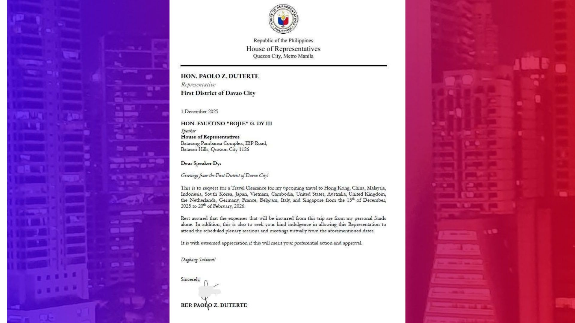 Palasyo walang pakialam sa World Tour ni Cong. Pulong Duterte