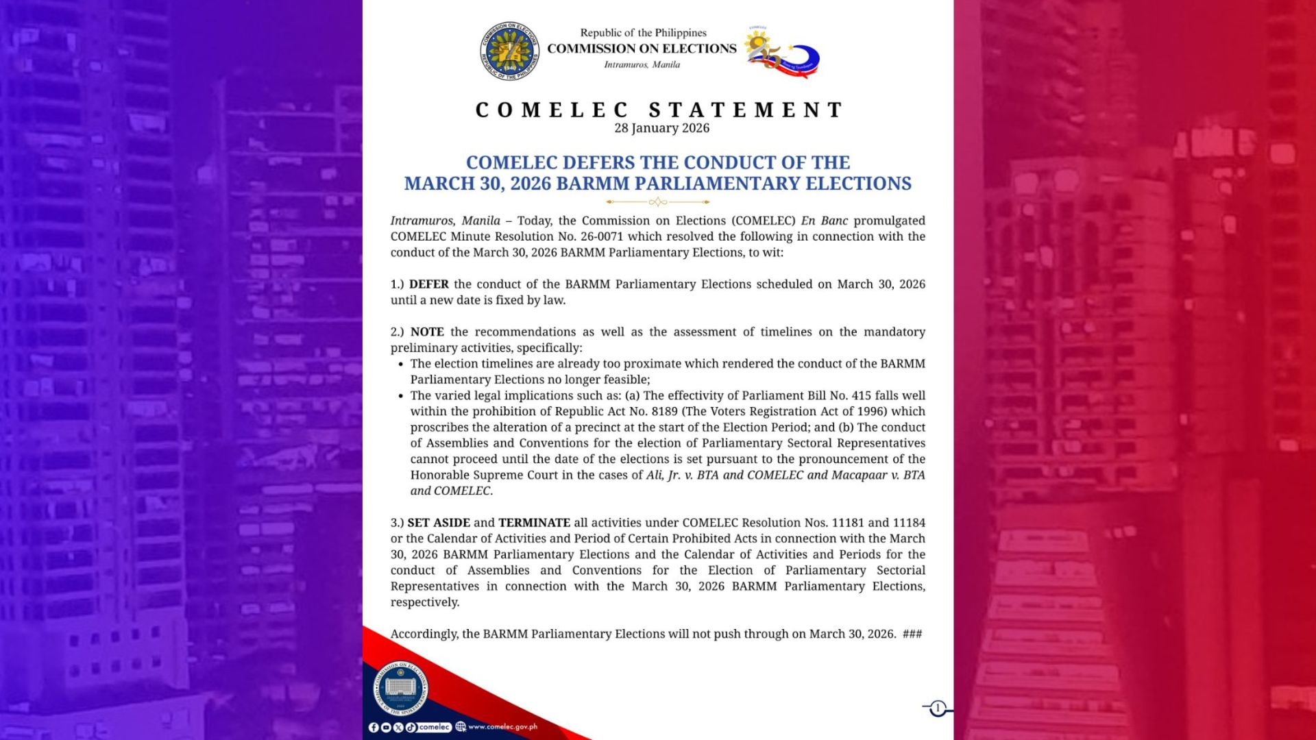 Parliamentary Elections sa BARMM ipinagpaliban ng Comelec