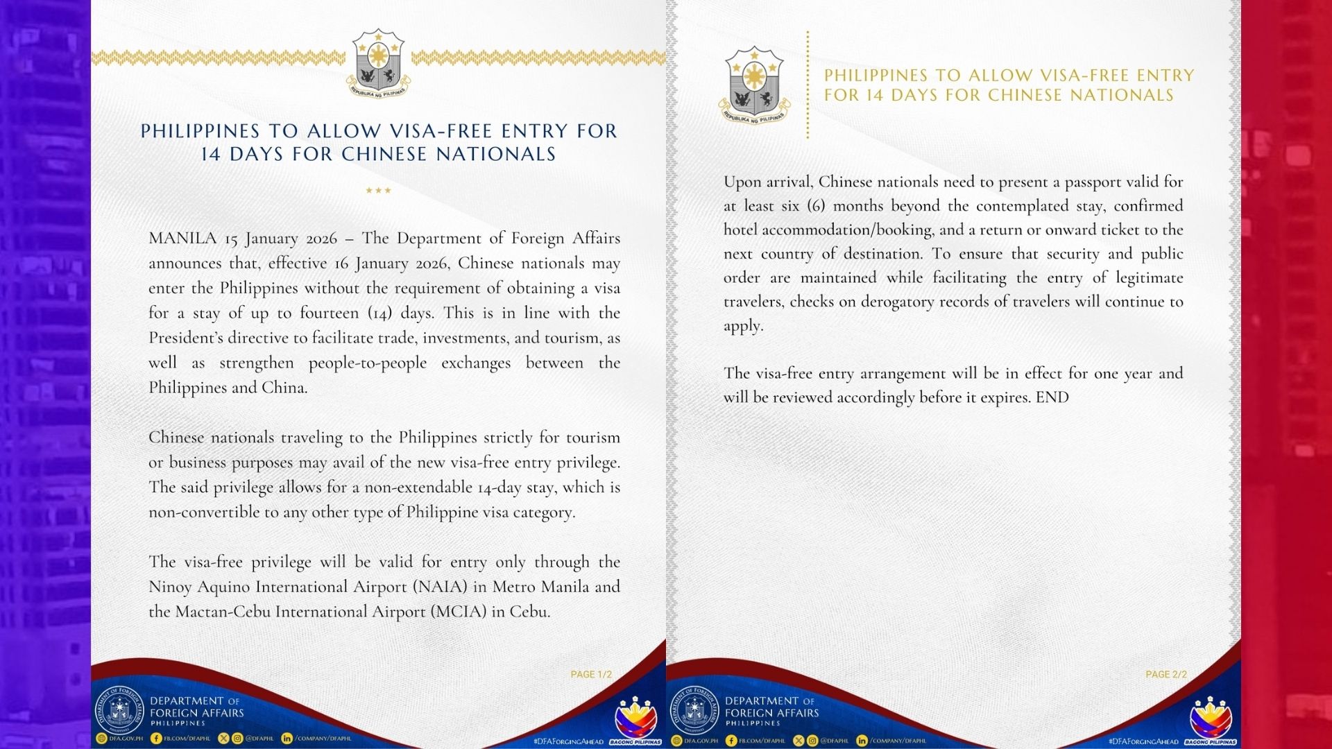 14 days Visa-Free Entry para sa mga Chinese aprubado na – DFA
