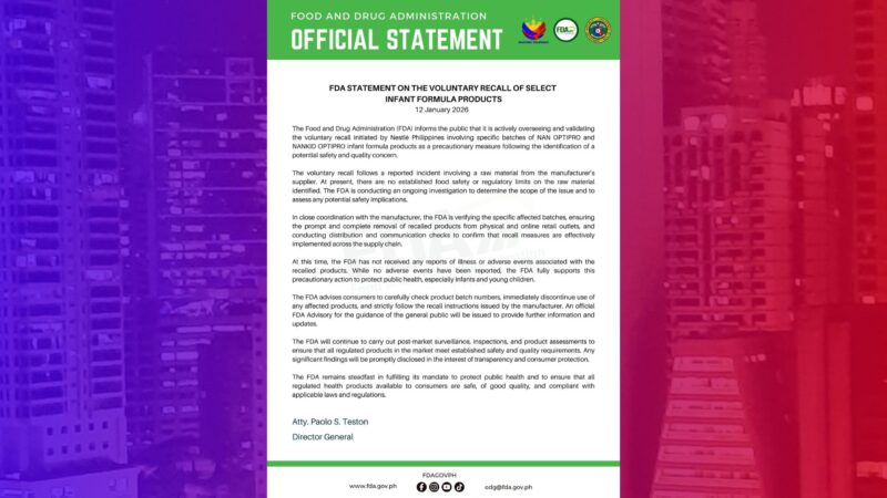 FDA nakatutok sa recall sa dalawang brand ng infant formula milk