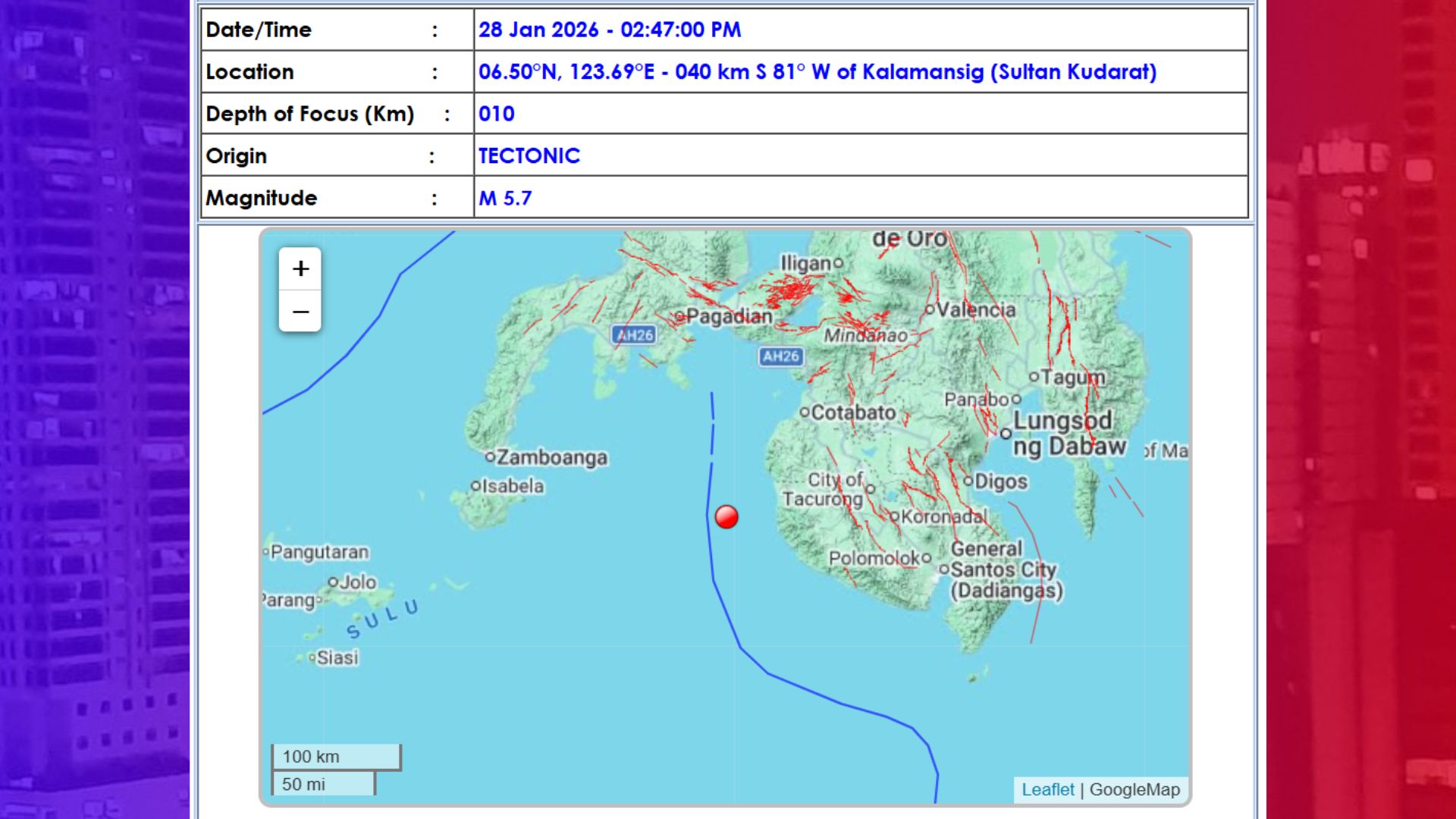 Magnitude 5.7 na lindol tumama sa Sultan Kudarat