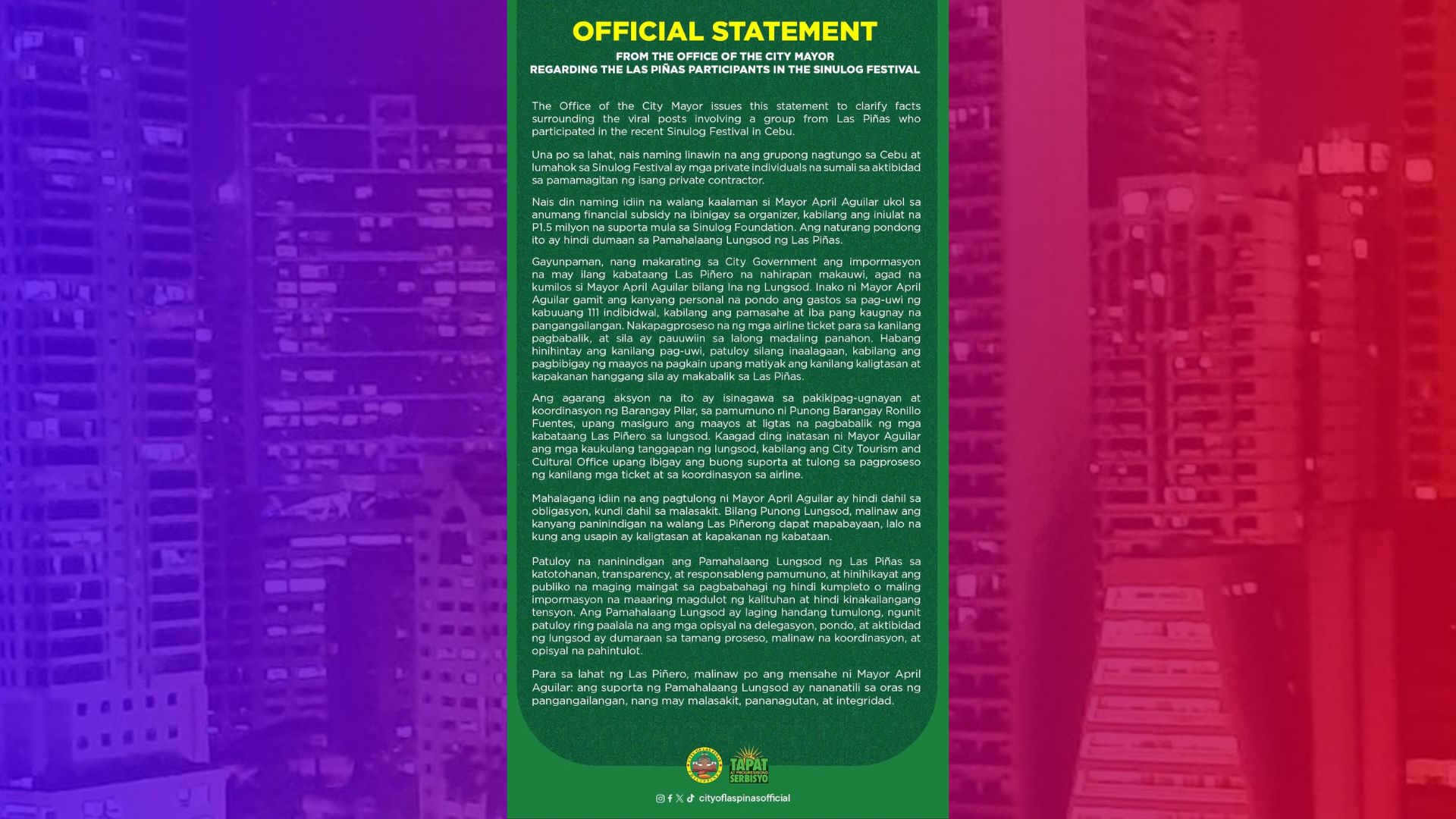 Las Piñas delegates na stranded sa Sinulog Festival sa Cebu agad tinulungan ni Mayor Aguilar