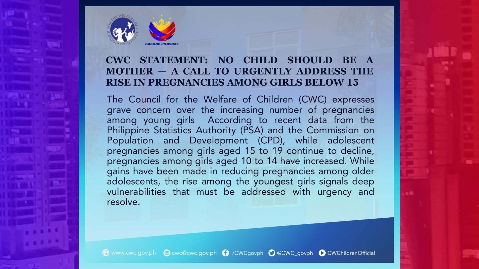 CWC nanawagan ng pagtugon sa pagtaas ng bilang ng Child Pregnancies