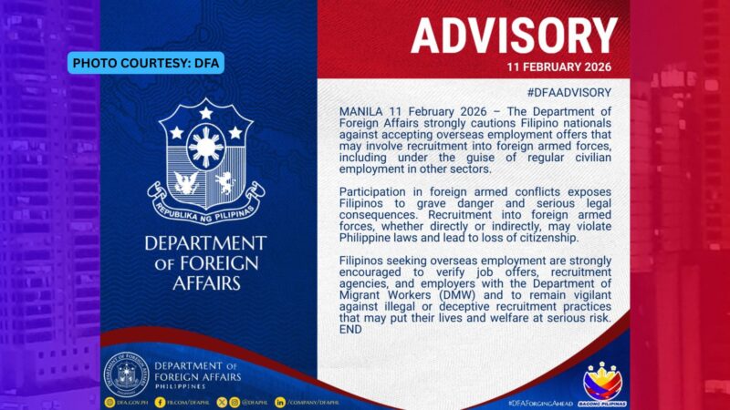 DFA binalaan ang mga Pinoy sa pagtanggap ng mga alok na maging bahagi ng Foreign Armed Forces