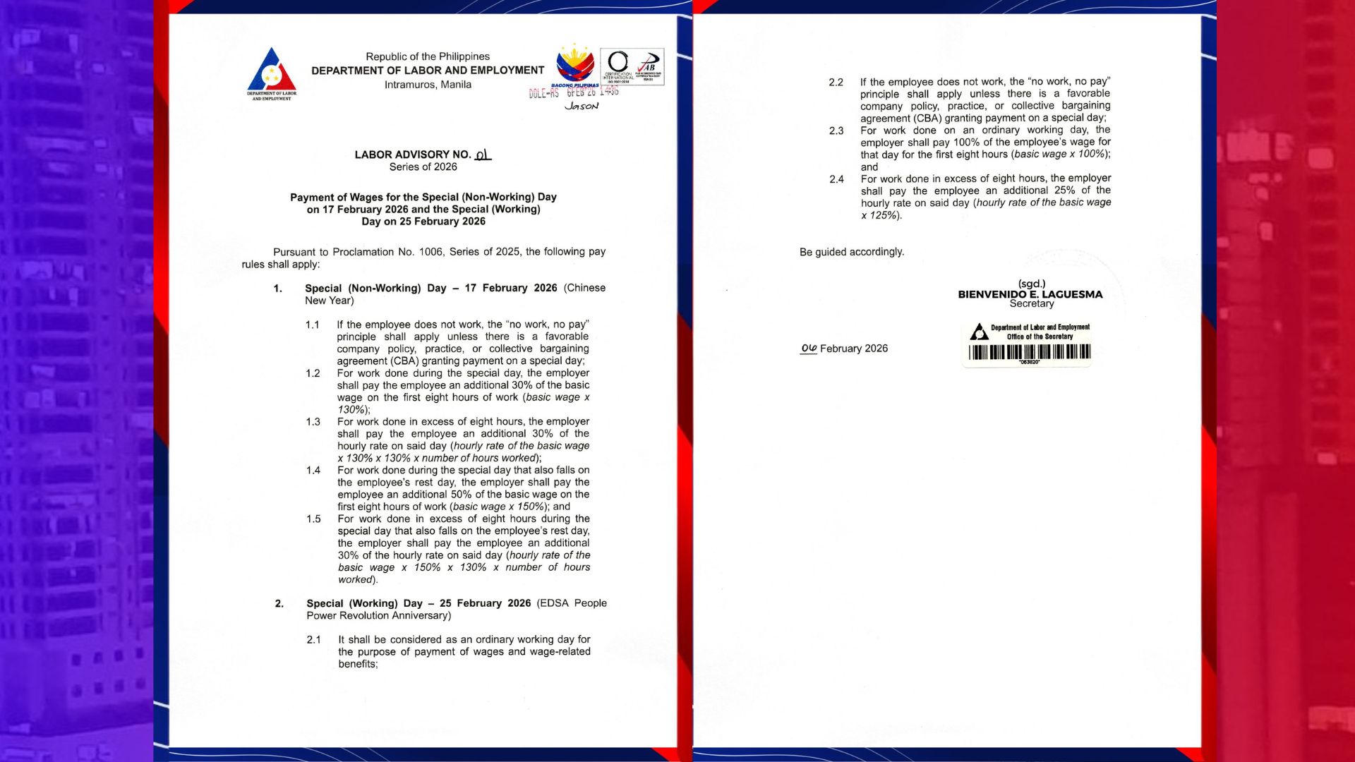DOLE nagpaalala sa mga employer sa tamang pagpapasahod sa Chinese New Year