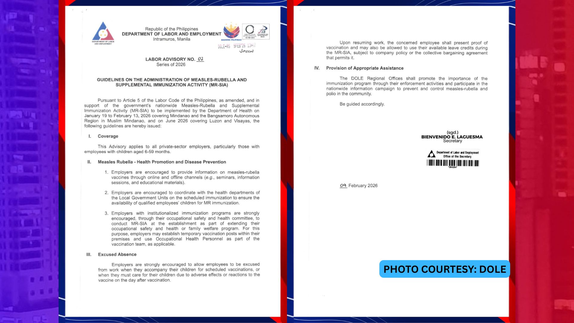 Mga employer hinikayat ng DOLE na payagang mag-absent ang mga empleyado kung papabakunahan ang anak