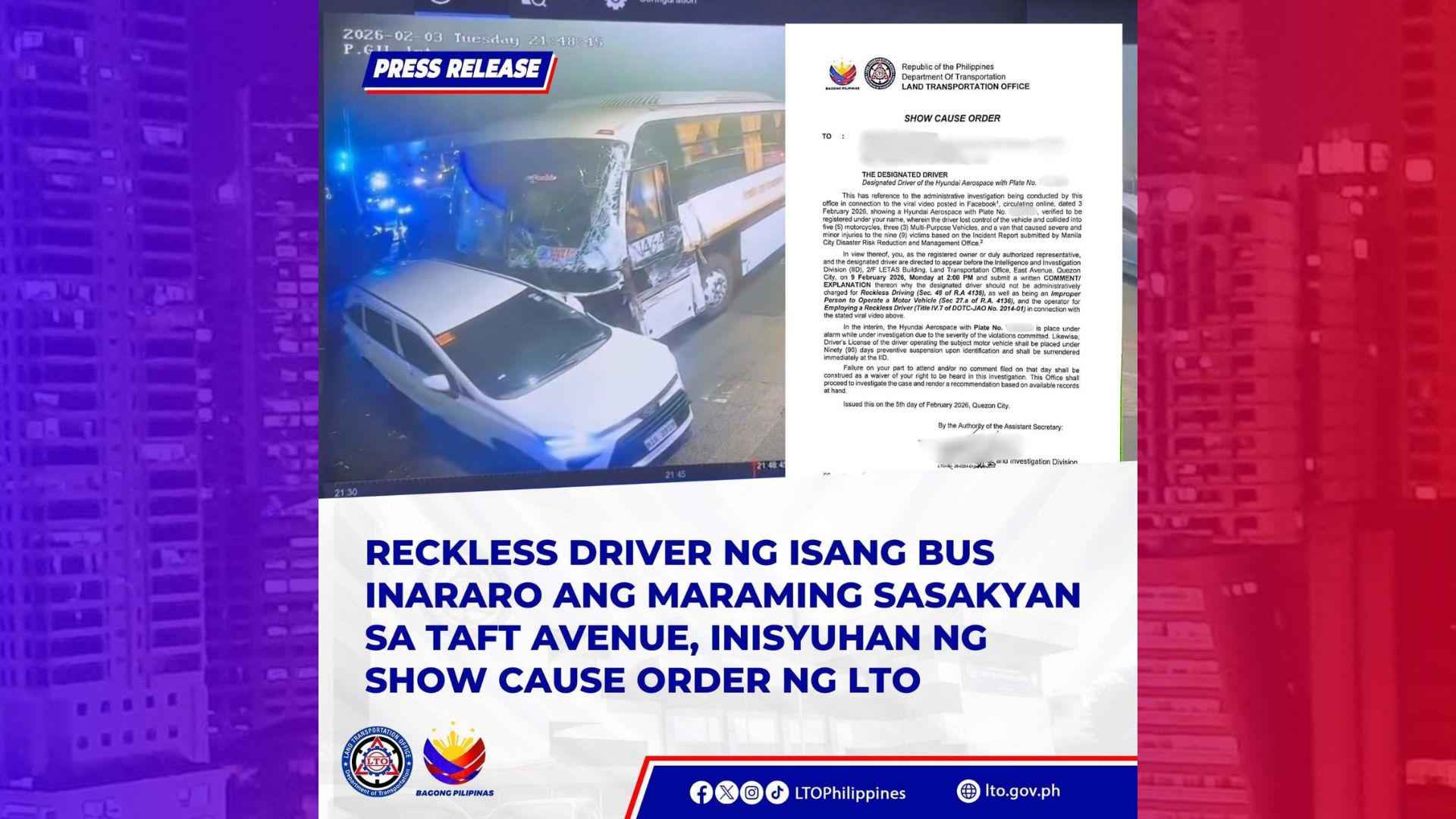 Driver ng bus na umararo sa mga sasakyan sa Taft pinagpapaliwanag ng LTO