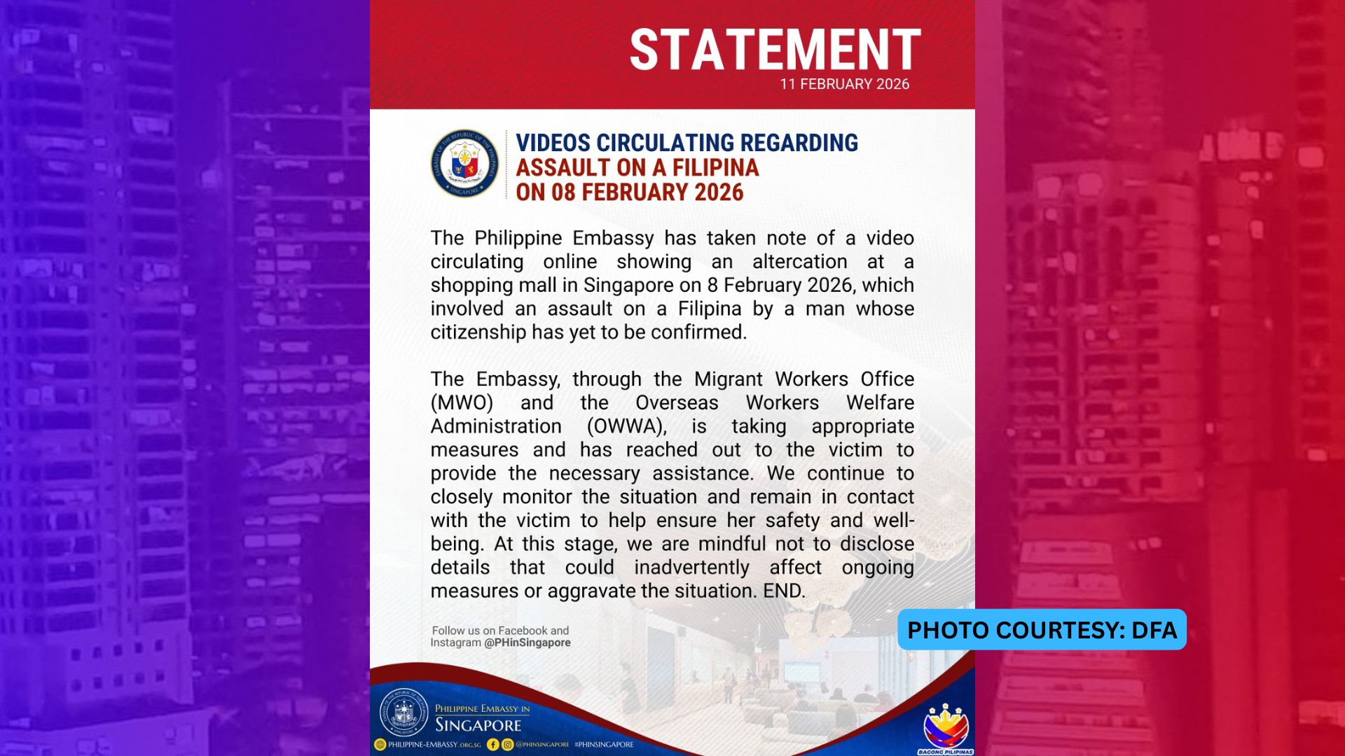Embahada ng Pilipinas tiniyak ang tulong sa Pinay na pinagsisipa ng isang lalaki sa mall