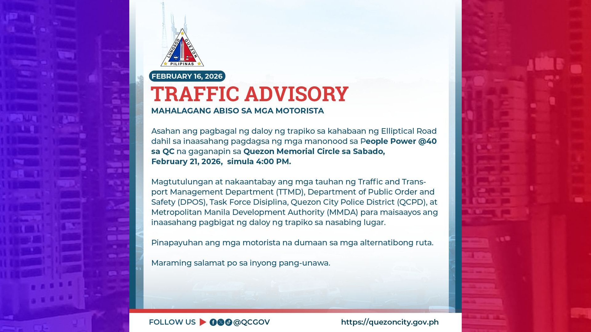Mga motorista inabisuhan sa mararanasang pagbagal sa daloy ng traffic sa Elliptical Rd. sa Feb. 21