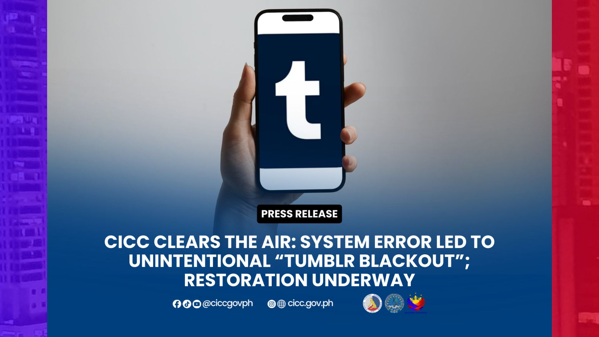 Ban sa Social Media Platform na Tumblr aksidente lang – CICC