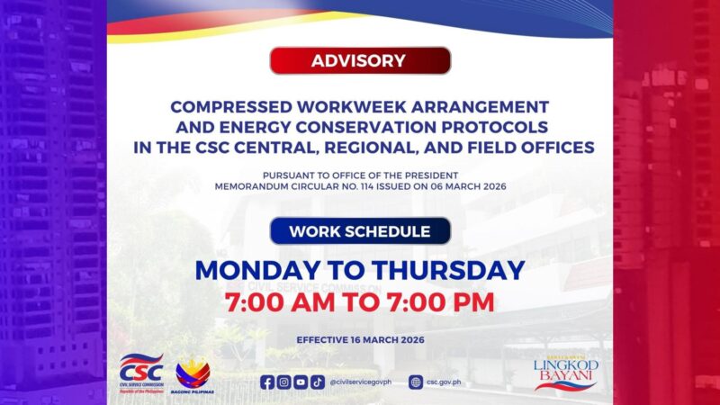 Mga tanggapan ng CSC magpapatupad na ng 4-day workweek simula Lunes