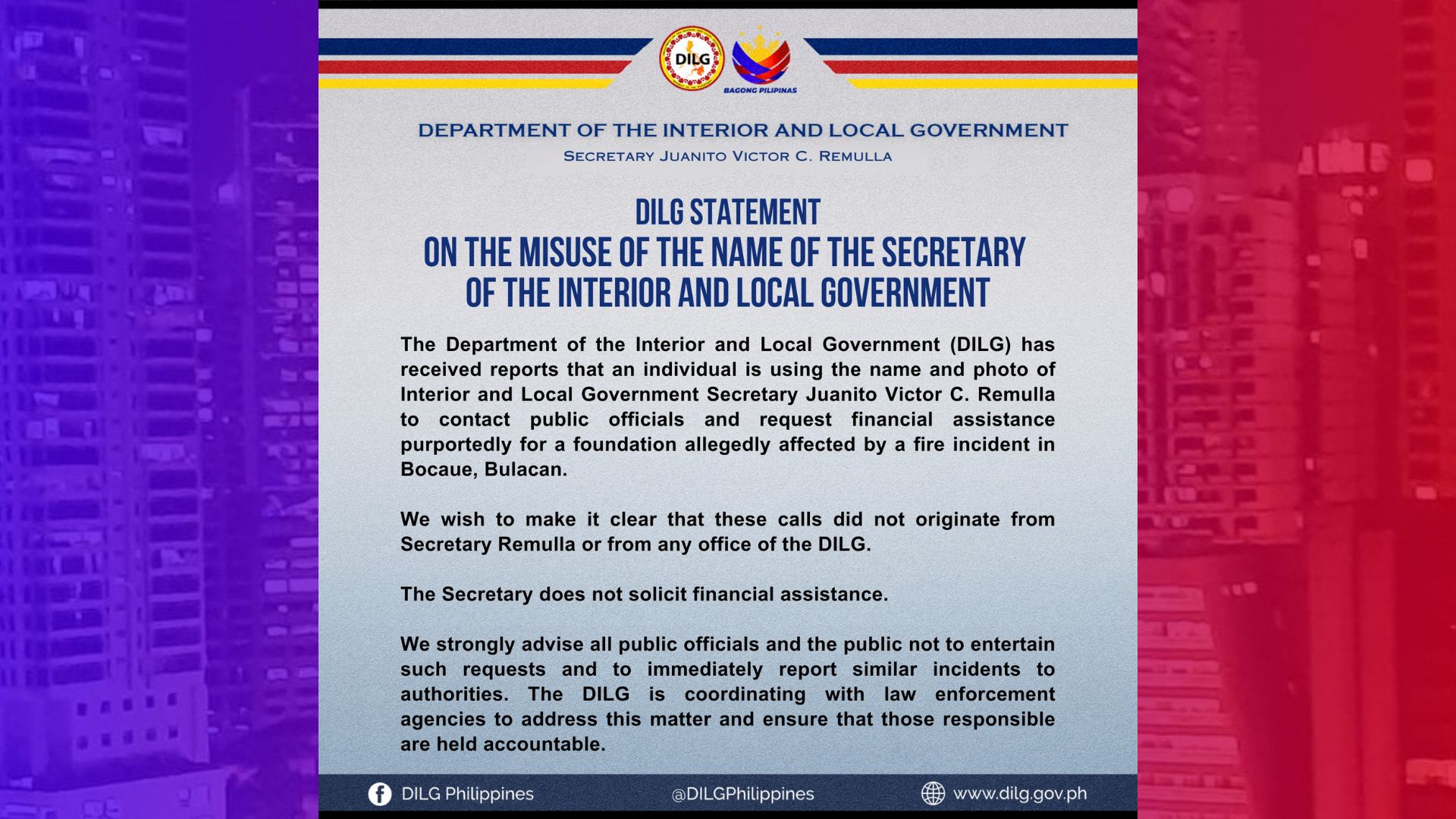 Pangalan ni DILG Sec. Jonvic Remulla ginagamit sa paghingi ng tulong-pinansyal