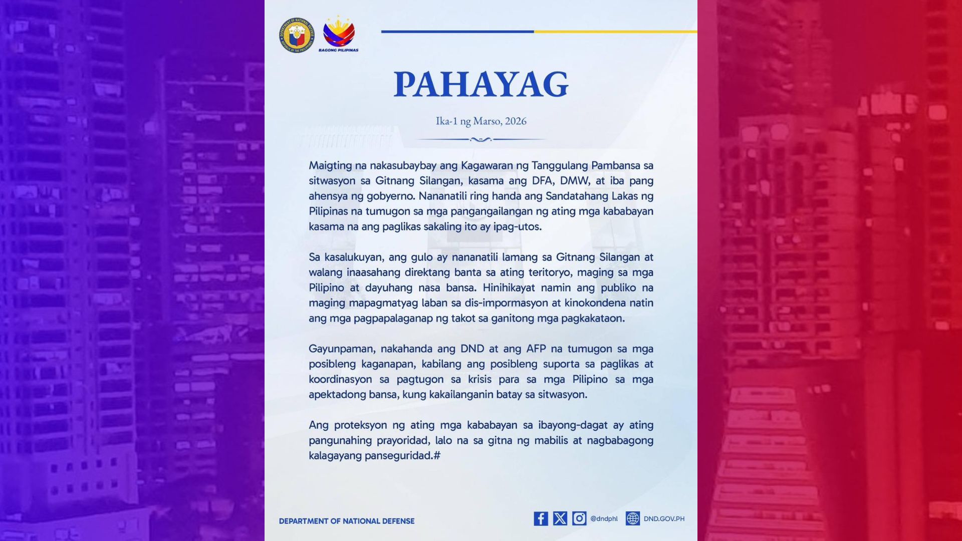 DND tiniyak ang kahandaan sa paglilikas ng mga OFW