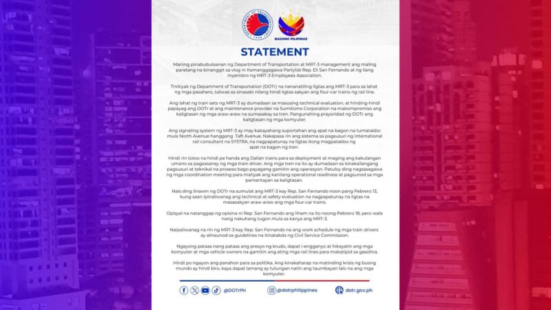 Pagsakay sa MRT-3 nananatiling ligtas – DOTr