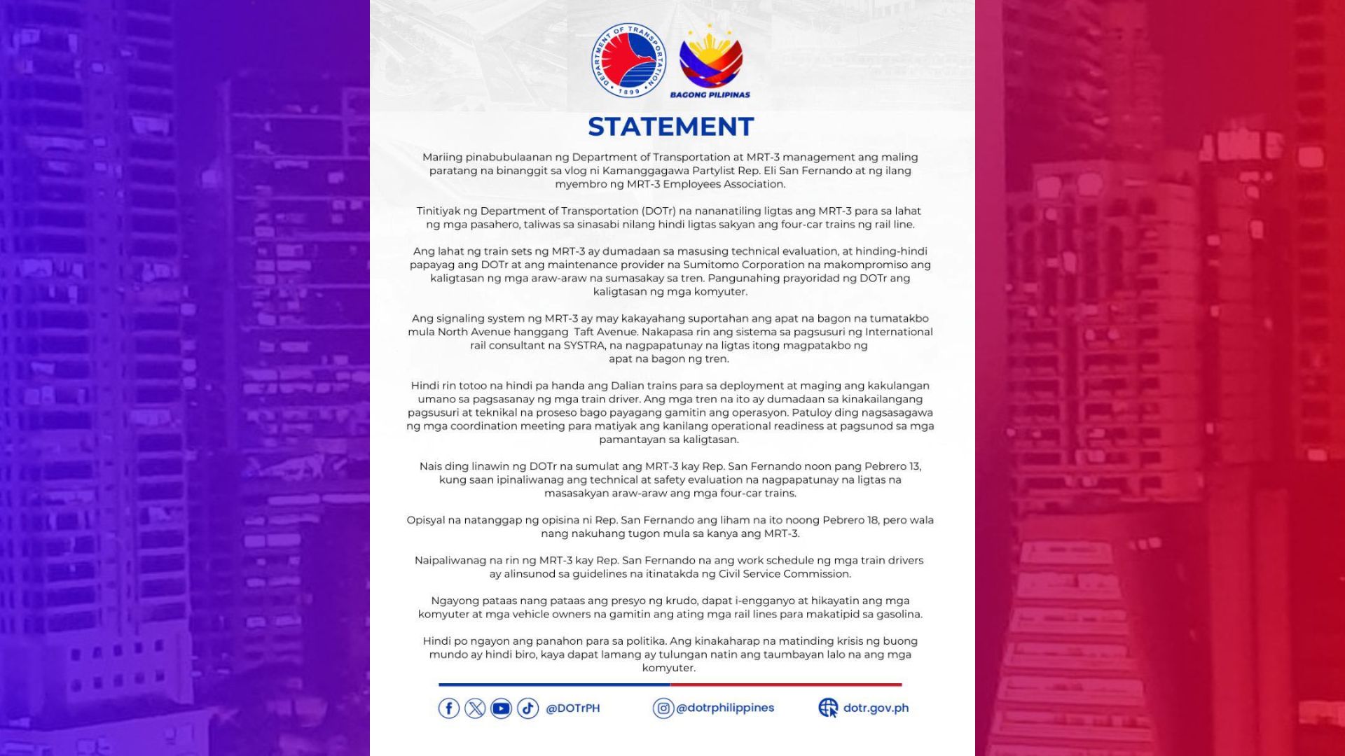 Pagsakay sa MRT-3 nananatiling ligtas – DOTr