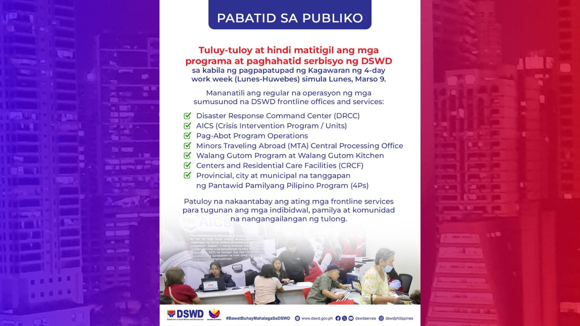 Mga programa at serbisyo ng DSWD hindi sakop ng 4-day work week