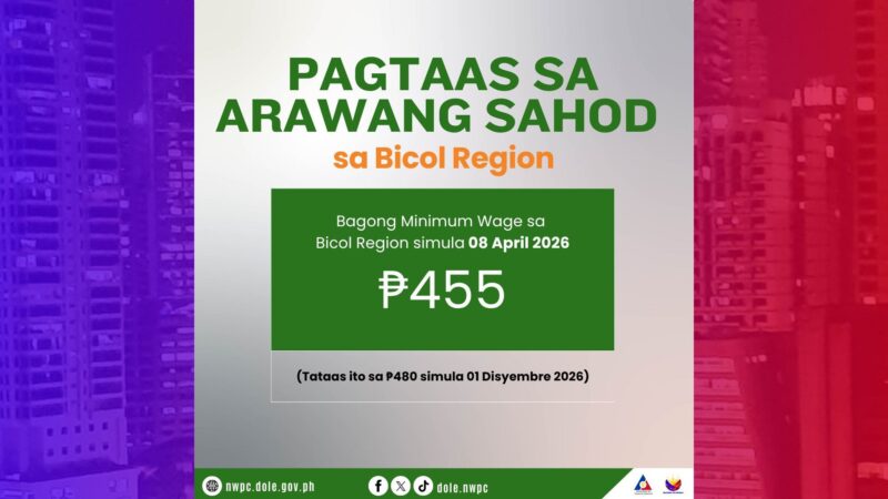Dagdag-sahod sa mga manggagawa sa Bicol Region epektibo sa Apr. 8