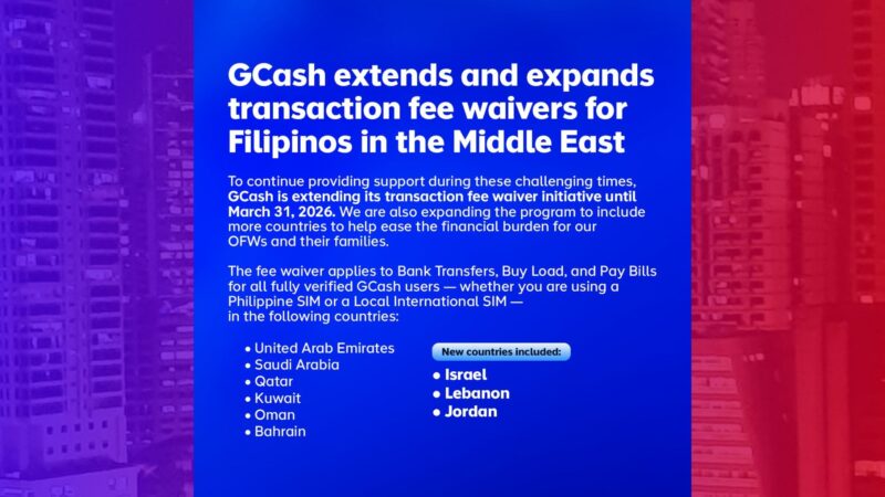 Pag-waive sa transaction fee ng GCash ipatutupad sa tatlo pang bansa sa Middle East