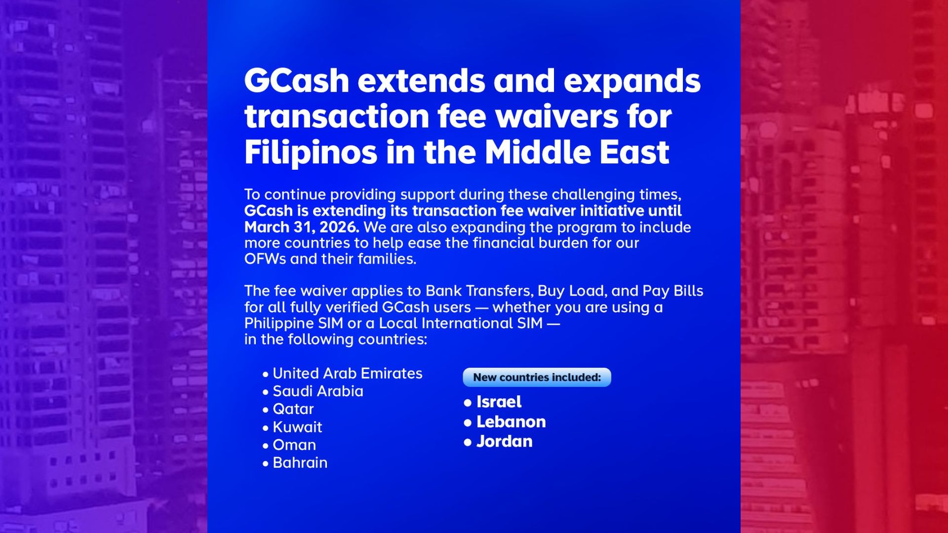 Pag-waive sa transaction fee ng GCash ipatutupad sa tatlo pang bansa sa Middle East