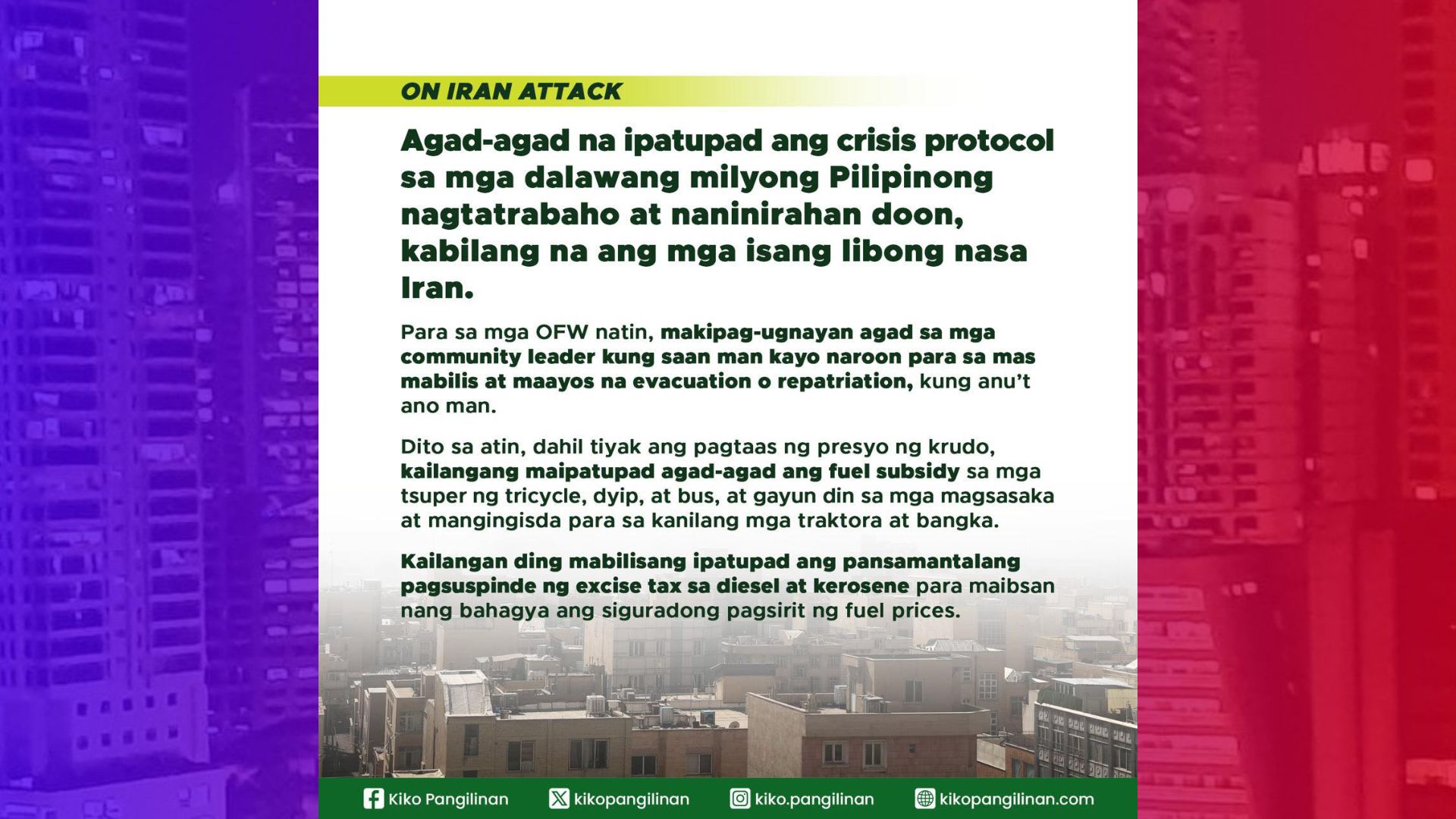 Sen. Pangilinan nanawagan ng Fuel Subsidy