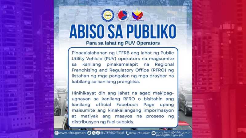 Listahan ng pangalan ng mga tsuper ng PUVs ipinasusumite na sa LTFRB