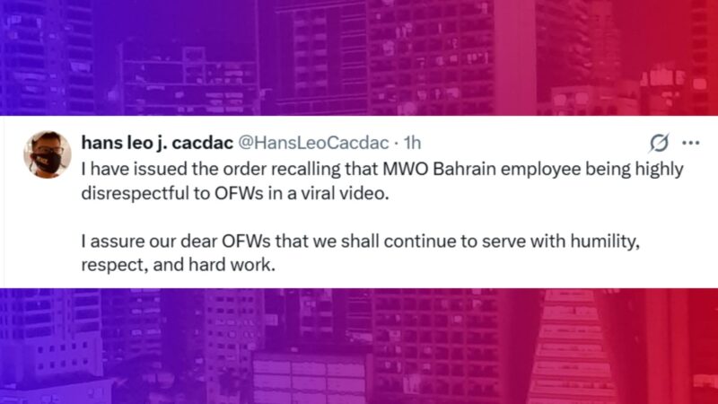 DMW staff sa Bahrain pinababalik sa bansa matapos ang maling pagtrato sa mga OFW