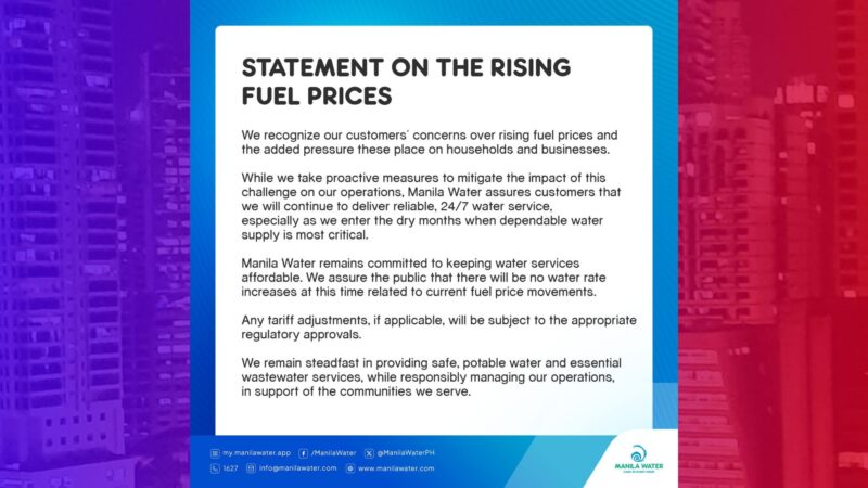 Walang dagdag-singil sa tubig – Manila Water