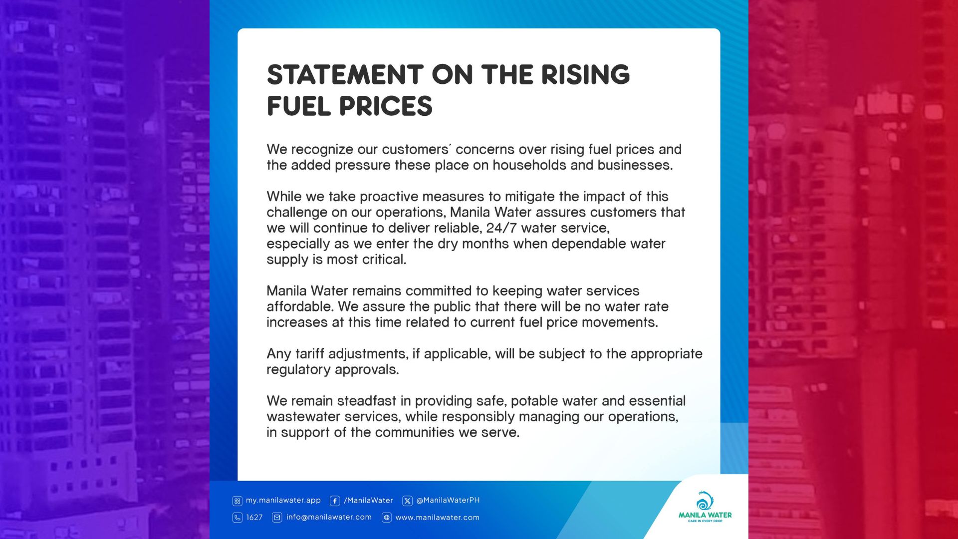 Walang dagdag-singil sa tubig – Manila Water